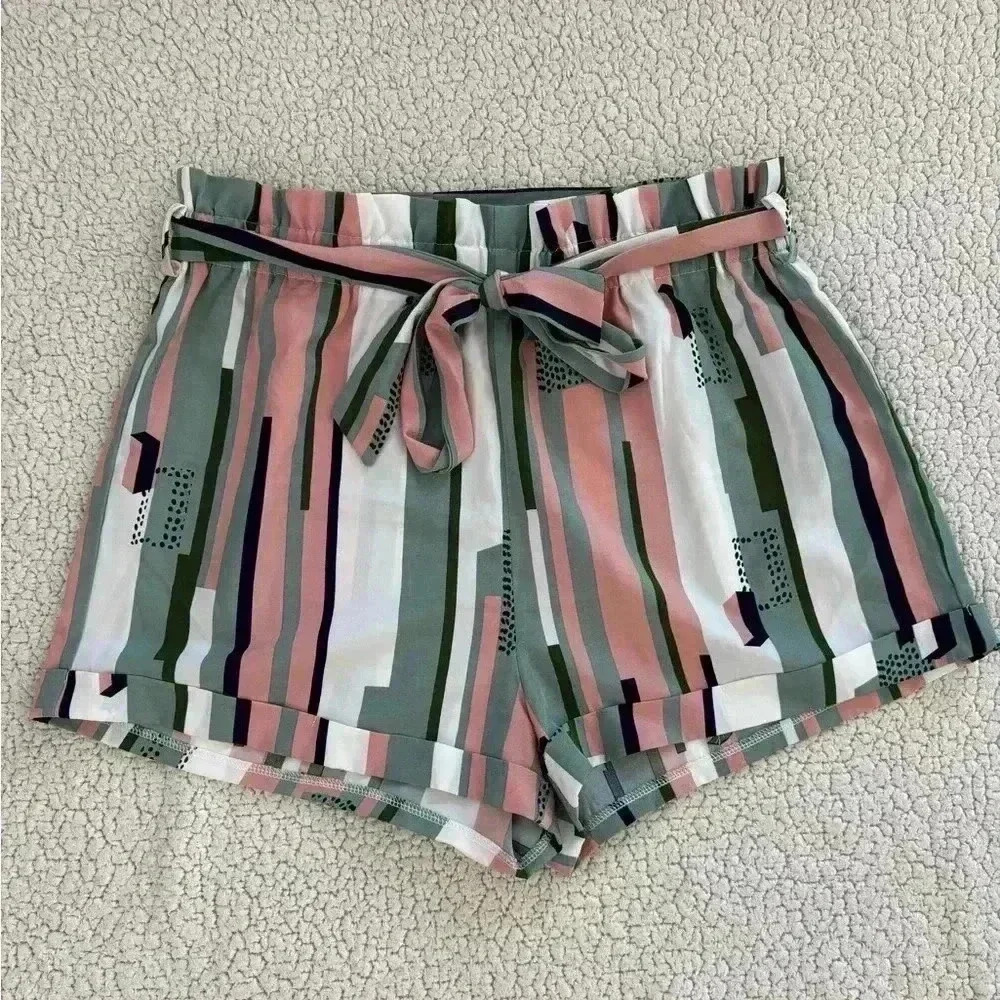 Striped Paperbag Waist Shorts with Tie Belt - Multicolor